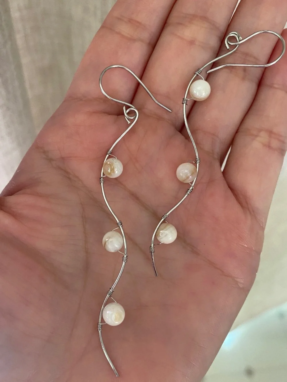 Hand Crafted Wavy Wire Earrings with White Chalcedony